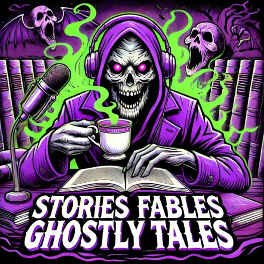 Stories Fables Ghostly Tales podcast artwork: a hooded skeleton with headphones sipping tea over an open book